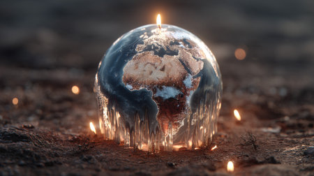 A captivating melting globe sculpture highlighted by flickering candles, representing urgent environmental concerns and the fragility of our planet.の素材
