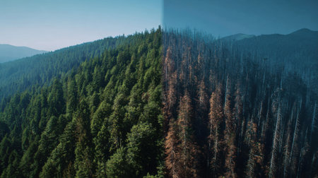 This captivating image shows a dramatic contrast in one forest area, highlighting the stark division between a thriving woodland and its wildfire-ravaged counterpart.の素材