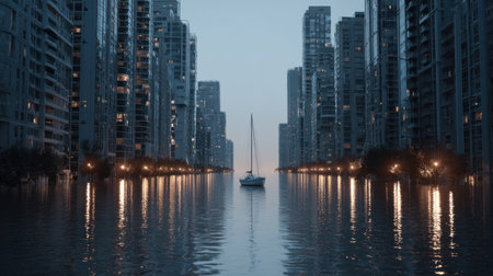 A serene urban waterscape scene featuring a solitary sailboat on calm water, surrounded by high-rise buildings reflecting twilight hues and city lights.の素材