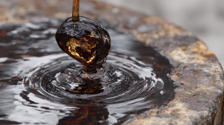 A mesmerizing scene of liquid flowing into a dark pool, creating ripples on the surface, showcasing artistic textures and reflective highlights.の素材