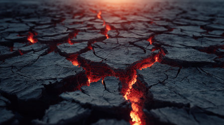 This stunning image captures the dramatic contrast between glowing lava light and cracked earth, evoking a sense of intense heat and desolation.の素材