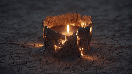 This image features a glowing candle nestled within a textured wood structure, surrounded by cracked earth, creating a serene atmosphere, perfect for relaxation.の素材