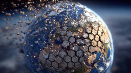 Stunning 3D rendering of Earth undergoing fragmentation with hexagonal elements, showcasing the beauty and fragility of our planet in space.の素材