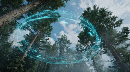 A stunning forest scene featuring tall trees under a bright blue sky. Above, a glowing circular pattern adds a magical touch to the tranquil atmosphere.の素材