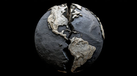 This captivating image depicts a cracked globe showcasing North and South America, highlighting intricate details against a dark backdrop.の素材