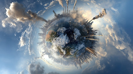 A striking tiny planet perspective captures the dynamic contrast of industrial pollution and untouched nature amid swirling clouds and urban life.の素材