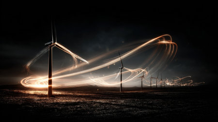 A mesmerizing night scene featuring wind turbines illuminated by streaks of light, showcasing the beauty of renewable energy in a serene landscape.の素材