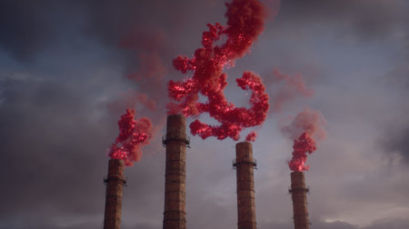 Powerful image of industrial smokestacks belching bright red smoke into a cloudy sky, representing pollution and its effects on the environment.の素材