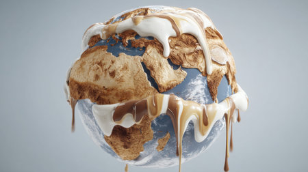 An artistic representation of Earth illustrates environmental change with melting ice cream and dripping syrup, reflecting climate issues creatively.の素材