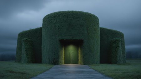 Step into an enigmatic world with this unique green structure bathed in soft light. The serene setting invites exploration in a surreal landscape.の素材
