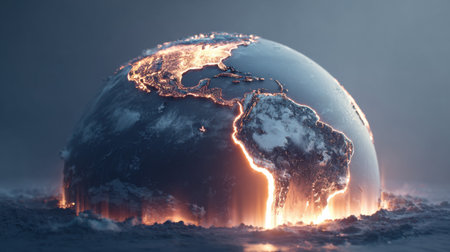 Stunning depiction of the Earth glowing with fiery borders, showcasing illuminated continents in a dark atmosphere, symbolizing energy and life.の素材