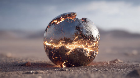 A unique spherical object rests in a vast desert, showcasing cracks filled with glowing energy. The scene combines surreal beauty and dramatic landscape, inviting exploration.の素材