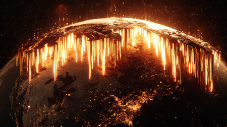 A captivating visualization illustrates the dramatic destruction of Earth with glowing lava flows and fiery eruptions, set against a dark backdrop.の素材