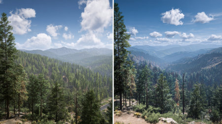 Explore a breathtaking mountain landscape featuring lush forests, expansive skies, and a serene atmosphere perfect for nature lovers.の素材