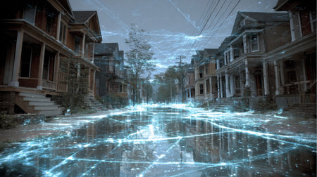 A captivating urban street scene enhanced with a digital overlay, showcasing the intersection of technology and community life in a modern environment.の素材