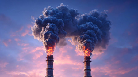 Two towering smokestacks release dense smoke into the atmosphere, illuminated by a striking sunset that paints the sky in vivid colors.の素材