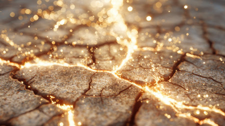 A captivating ground surface displaying cracks infused with glowing sparkles, showcasing the beauty of nature and abstract concepts in stunning detail.の素材