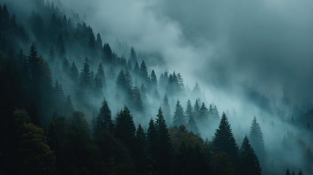 A captivating misty forest landscape, featuring dense trees shrouded in fog. This tranquil atmosphere evokes a sense of peace and solitude in nature.の素材
