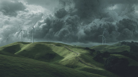 A breathtaking landscape shows wind turbines set against dark storm clouds. Rolling green hills enhance the beauty of this eco-friendly scene.の素材
