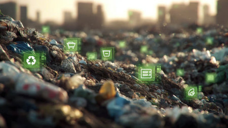 This image depicts a garbage dump with icons symbolizing recycling and sustainability, highlighting the pressing issue of urban waste management.の素材