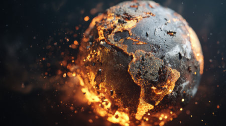 A captivating representation of a glowing Earth fragment, showcasing fiery splashes and sparks against a dark cosmic backdrop, symbolizing chaos and energy.の素材