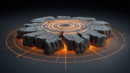 This captivating abstract artwork features a wooden circular surface illuminated by vibrant lines, creating a dynamic and striking visual effect.の素材