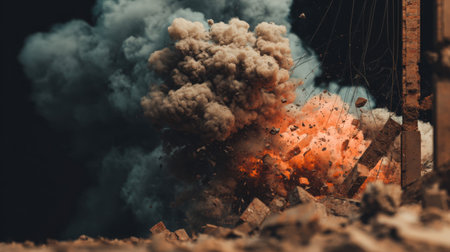 A striking scene depicting a powerful explosion resulting in dark smoke and bright flames, illuminating the night sky with chaos and energy.の素材