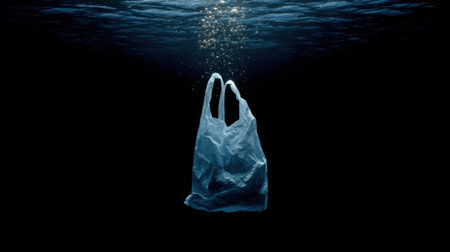 A plastic bag drifts in dark waters, surrounded by rising bubbles, highlighting the urgent issue of marine pollution and environmental protection.の素材