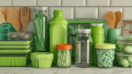 This image showcases a collection of green kitchenware, including storage containers and utensils, set against a stylish countertop backdrop.の素材