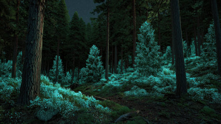 A captivating night scene of an enchanted forest featuring glowing blue foliage among tall pine trees, inviting serenity and intrigue.の素材