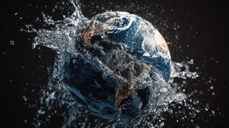A captivating visual of Earth engulfed in a mesmerizing water splash against a dark backdrop, symbolizing the beauty and fragility of our planet's environment.の素材