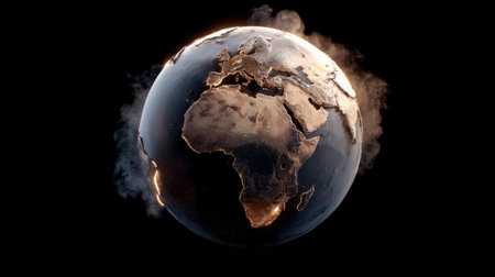 Stunning 3D representation of Earth showcasing Africa illuminated by golden light with smoke highlights, perfect for environmental themes and concepts.の素材