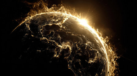 A mesmerizing view of Earth showcasing a glowing atmosphere, illuminated by radiant sunlight, against a backdrop of deep space and darkness.の素材