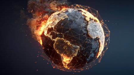 This captivating image depicts a fiery representation of Earth, showcasing global connections while highlighting environmental challenges and crises.の素材