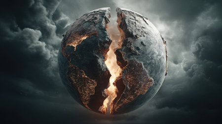 This striking image portrays a cracked globe with molten fire at its core, enveloped by ominous clouds, depicting environmental turmoil and urgency.の素材