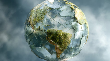 This artistic representation features a shattered glass globe symbolizing the delicate state of our planet amidst environmental challenges.の素材