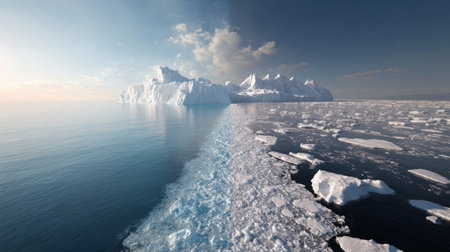 Breathtaking view of an icy polar landscape featuring majestic icebergs and tranquil blue waters under a gentle sky at dawn.の素材