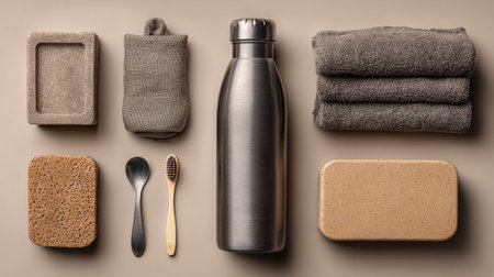 Discover a chic arrangement of minimalist bathroom accessories on a neutral background. This aesthetic captures modern home decor with unique textures and materials.の素材