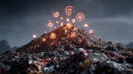 This image illustrates the intersection of technology and waste management, showcasing symbolic icons emerging from a garbage pile, emphasizing sustainability.の素材
