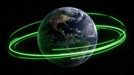 A stunning visual of Earth surrounded by glowing green orbits, symbolizing communication and technology in the cosmos. Perfect for themes of innovation.の素材