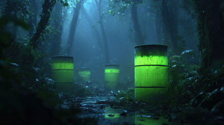 A captivating scene of glowing green barrels set in a dark, foggy forest. Soft light filters through the trees, creating an enchanting atmosphere.の素材