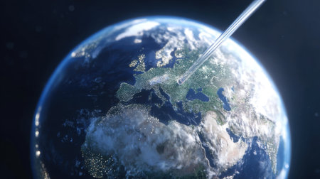 A captivating digital artwork showcasing Earth from space with a bright light beam highlighting Europe, symbolizing exploration and innovation.の素材