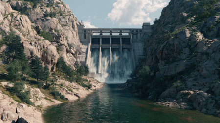 A stunning view of a waterfall cascading from a massive dam, nestled between rocky mountains and lush greenery, reflecting the serene beauty of nature.の素材