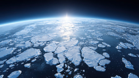 Stunning aerial view showcasing ice floes scattered across a vast ocean, illuminated by bright sunlight under a clear blue sky, emphasizing the beauty of Earth's natural landscapes.の素材