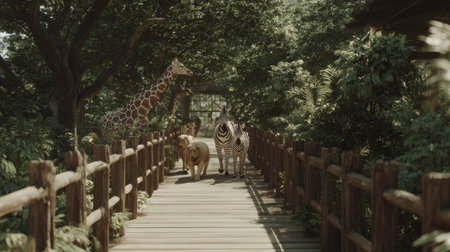 A tranquil scene featuring a giraffe, lion, and zebra walking along a wooden pathway, surrounded by lush greenery that creates a serene atmosphere.の素材
