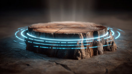 A captivating image of a wooden stump illuminated by glowing circles, blending natural beauty with a futuristic vibe, perfect for creative projects.の素材