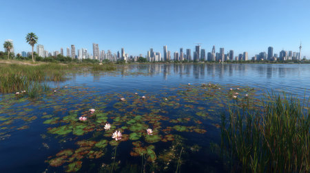 A tranquil lake adorned with blooming water lilies, reflecting a stunning city skyline under a clear blue sky, inviting nature lovers.の素材