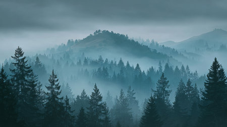 Enchanting view of a dense forest shrouded in fog, revealing distant mountains under a moody sky. Perfect for nature-themed projects.の素材