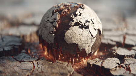 This striking image depicts a cracked earth globe, symbolizing the urgent environmental crisis and global warming challenges we face today.の素材