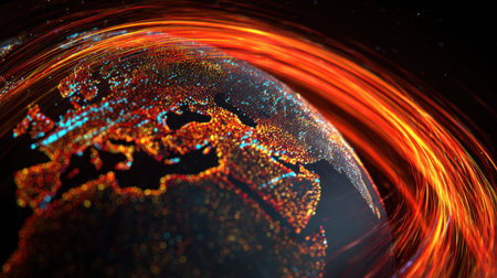 This abstract image showcases a vibrant Earth surrounded by glowing trails, symbolizing energy flow and interconnectedness in a dark universe.の素材